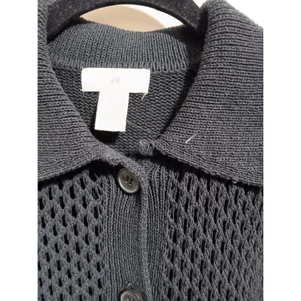 H&M Knitted Mesh Polo Button Front Cardigan in Black - Picture 8 of 9